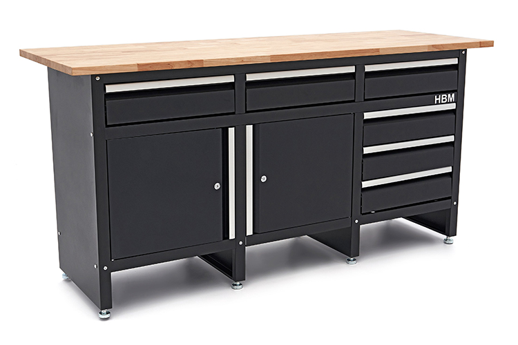 1) HBM Werkbank 171 cm met 6 laden en 2 deuren, massief houten werkblad, zwart